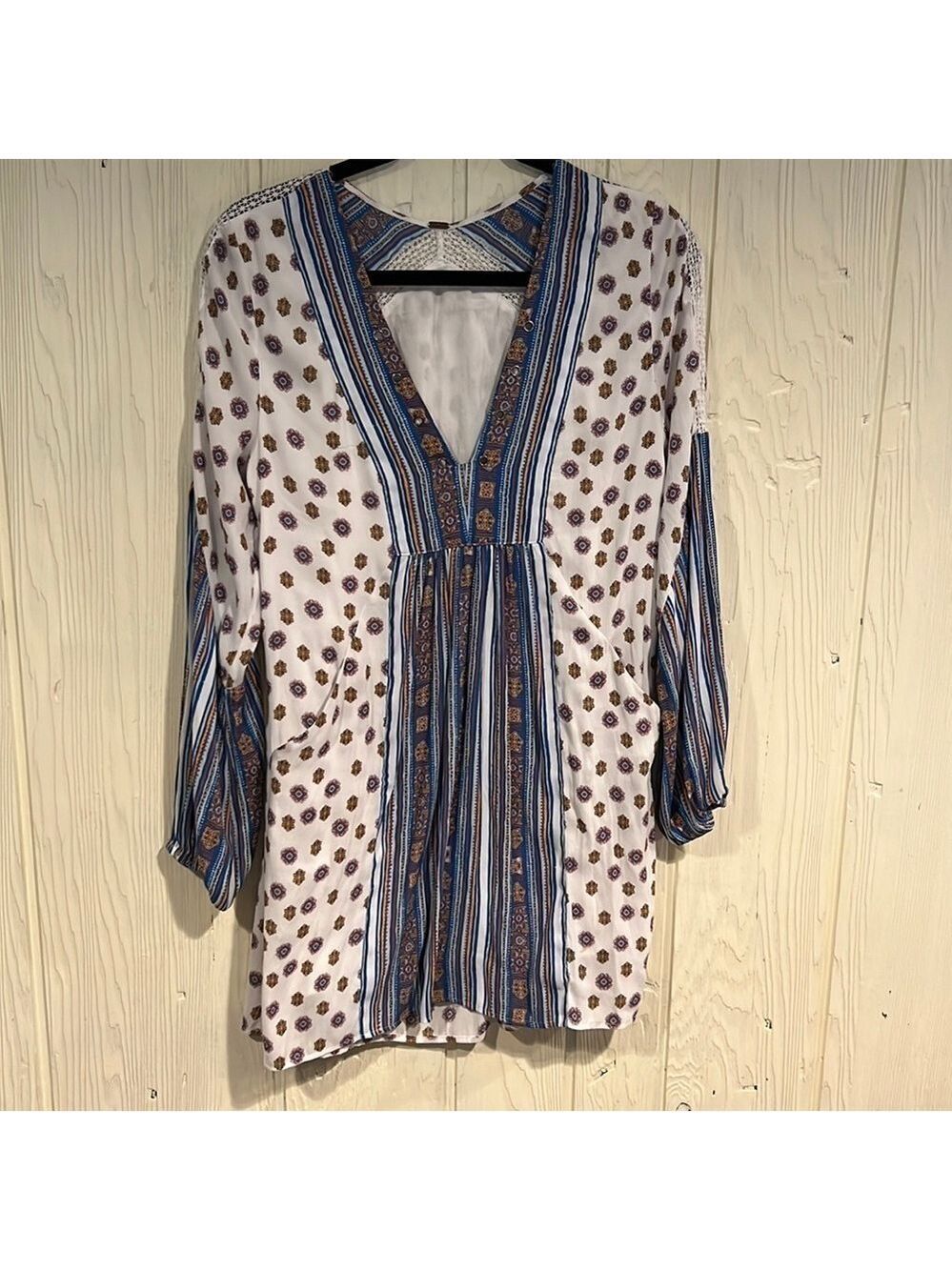 Free People Boho Tunic Crochet Metal Studs Bubble Sleeves